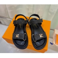 Fashion Louis Vuitton LV Sunset Raffia Straw Flat Comfort Sandal Black 608015