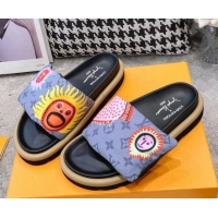 Good Looking Louis Vuitton LV x YK Pool Pillow Flat Comfort Slide Sandals in Embroidered Monogram Nylon Grey 608028