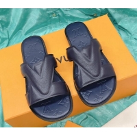 Top Design Louis Vuitton LV Oasis Flat Slide Sandals in Grained Leather Navy Blue 1AA4CB 608032