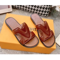 Sophisticated Louis Vuitton LV Oasis Flat Slide Sandals in Grained Leather Brown 1AA4CB 608033