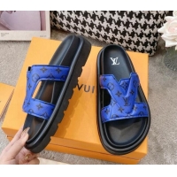 Luxurious Louis Vuitton LV Oasis Slide Sandals in Blue Monogram Leather 608041