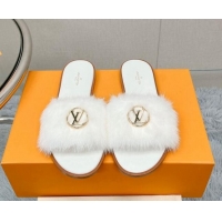 Charming Louis Vuitton LV Mink Fur Flat Slide Sandals White 609046