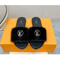 Stylish Louis Vuitton LV Mink Fur Flat Slide Sandals Black 609047