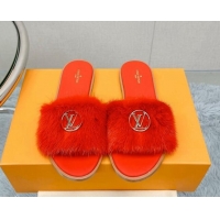 Shop Cheap Louis Vuitton LV Mink Fur Flat Slide Sandals Red 609048