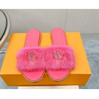 Good Quality Louis Vuitton LV Mink Fur Flat Slide Sandals Dark Pink 609050