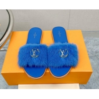 Best Product Louis Vuitton LV Mink Fur Flat Slide Sandals Blue 609052