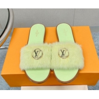 Pretty Style Louis Vuitton LV Mink Fur Flat Slide Sandals Light Green 609054