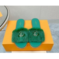 Grade Quality Louis Vuitton LV Mink Fur Flat Slide Sandals Dark Green 609055