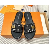 Best Grade Louis Vuitton Lock It Flat Slide Sandals in Monogram Denim Black 625067