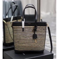 Grade Design SAINT LAUREN RIVE GAUCHE TOTE BAG IN RAFFIA AND LEATHER Y860307 apricot&black