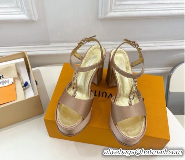 Good Quality Louis Vuitton Sparkle Platform Sandal 11cm in Silk Satin with LV Circle Beige 625090