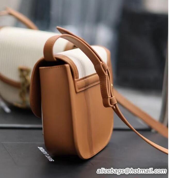 Unique Grade SAINT LAUREN KAIA SMALL SATCHEL CANVAS AND VEGETABLE-TANNED LEATHER Y916740 BROWN GOLD