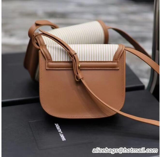 Unique Grade SAINT LAUREN KAIA SMALL SATCHEL CANVAS AND VEGETABLE-TANNED LEATHER Y916740 BROWN GOLD