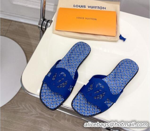 Stylish Louis Vuitton Isola Flat Slide Sandals with LV Cutout and Geometric Pattern Blue 625109