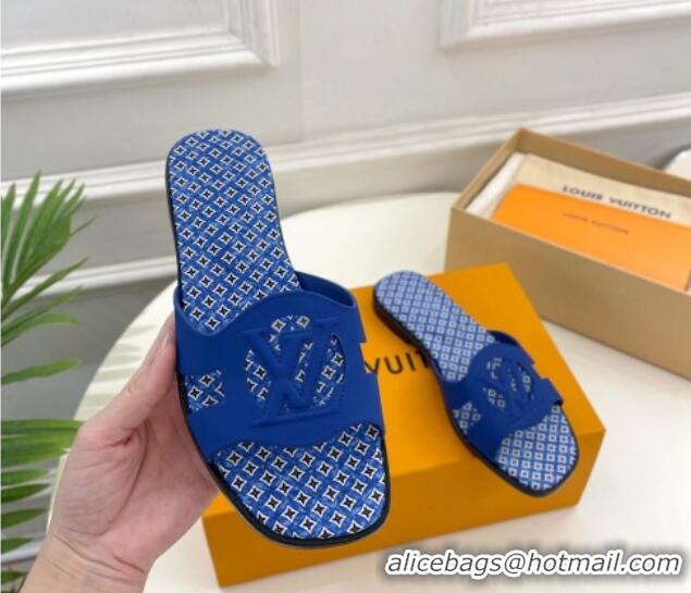 Stylish Louis Vuitton Isola Flat Slide Sandals with LV Cutout and Geometric Pattern Blue 625109