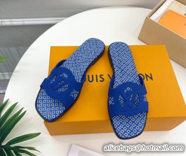 Stylish Louis Vuitton Isola Flat Slide Sandals with LV Cutout and Geometric Pattern Blue 625109