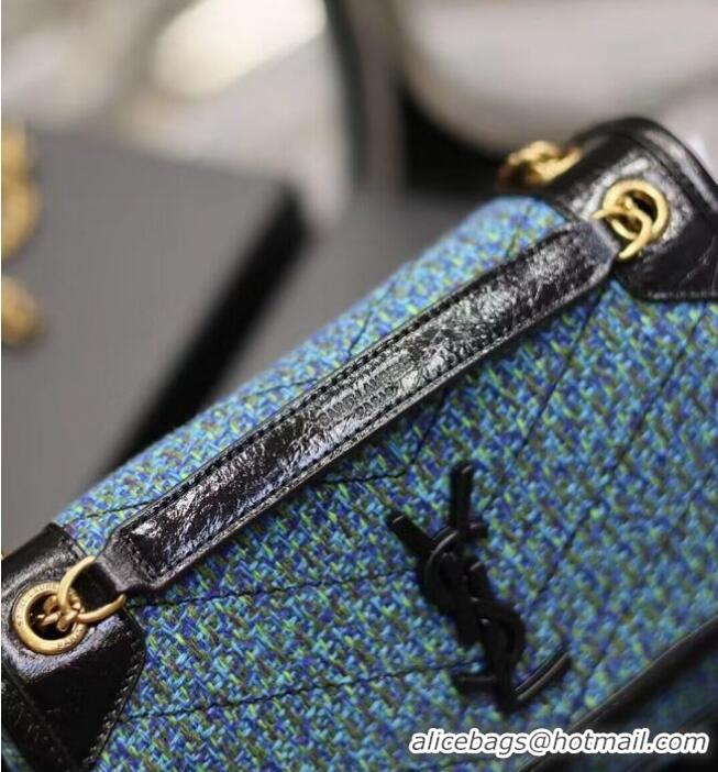 Promotional SAINT LAUREN NIKI SMALL CHAIN BAG IN Tweed LEATHER 933151 blue