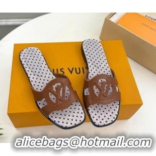 Fashion Louis Vuitton Isola Flat Slide Sandals with LV Cutout and Geometric Pattern Dark Brown 625110