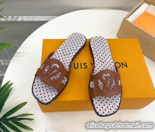 Fashion Louis Vuitton Isola Flat Slide Sandals with LV Cutout and Geometric Pattern Dark Brown 625110