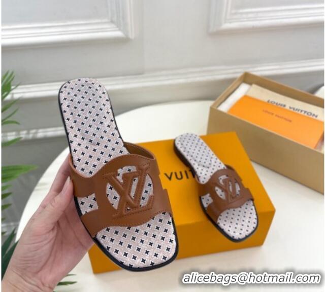 Fashion Louis Vuitton Isola Flat Slide Sandals with LV Cutout and Geometric Pattern Dark Brown 625110