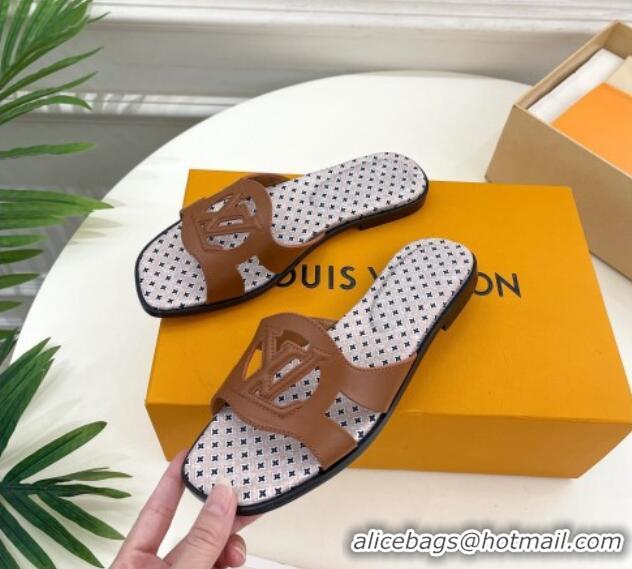 Fashion Louis Vuitton Isola Flat Slide Sandals with LV Cutout and Geometric Pattern Dark Brown 625110