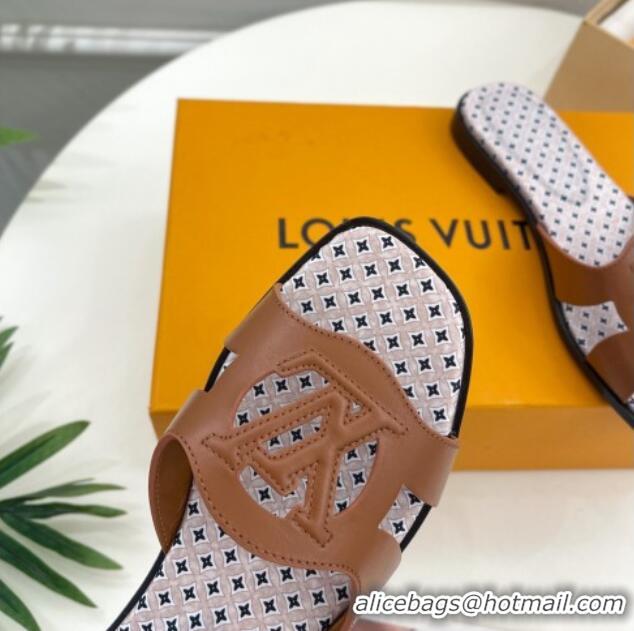 Fashion Louis Vuitton Isola Flat Slide Sandals with LV Cutout and Geometric Pattern Dark Brown 625110