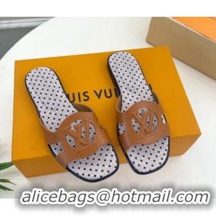 Popular Style Louis Vuitton Isola Flat Slide Sandals with LV Cutout and Geometric Pattern Tan Brown 625111