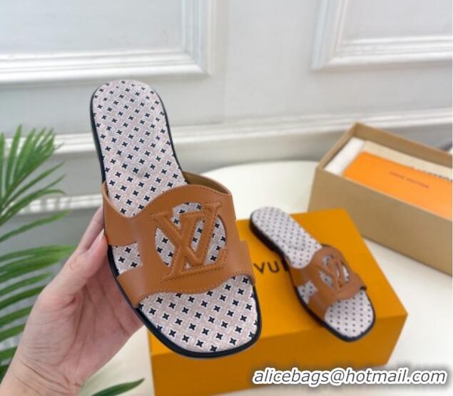 Popular Style Louis Vuitton Isola Flat Slide Sandals with LV Cutout and Geometric Pattern Tan Brown 625111