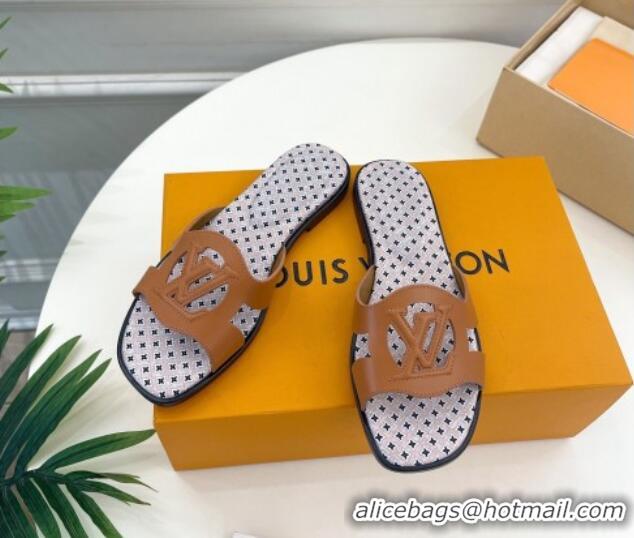 Popular Style Louis Vuitton Isola Flat Slide Sandals with LV Cutout and Geometric Pattern Tan Brown 625111