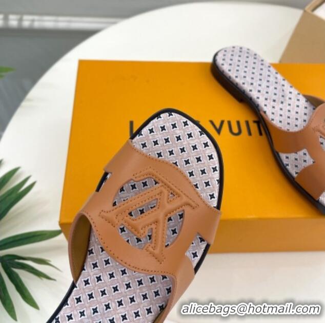 Popular Style Louis Vuitton Isola Flat Slide Sandals with LV Cutout and Geometric Pattern Tan Brown 625111