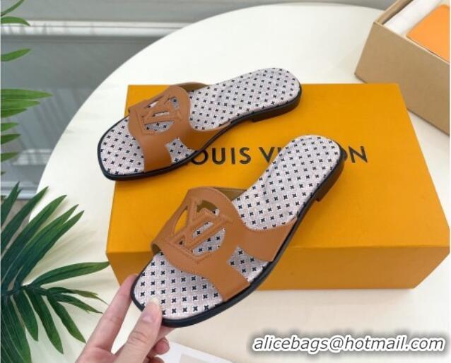 Popular Style Louis Vuitton Isola Flat Slide Sandals with LV Cutout and Geometric Pattern Tan Brown 625111