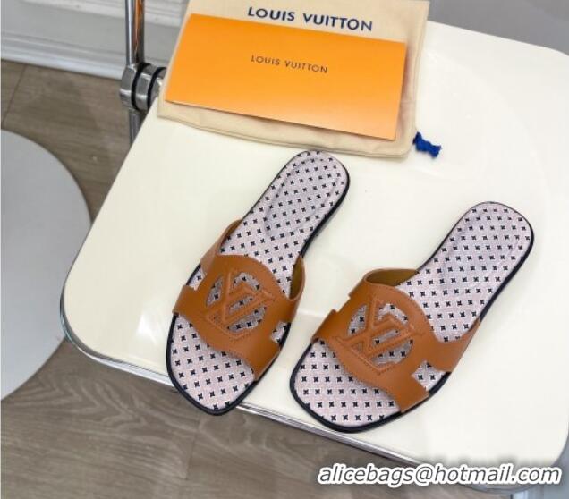 Popular Style Louis Vuitton Isola Flat Slide Sandals with LV Cutout and Geometric Pattern Tan Brown 625111