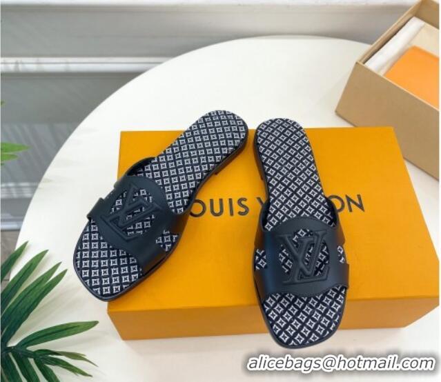 Duplicate Louis Vuitton Isola Flat Slide Sandals with LV Cutout and Geometric Pattern Black 625113