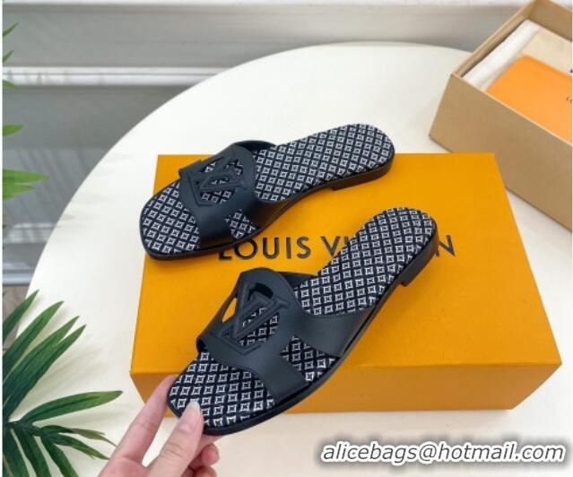 Duplicate Louis Vuitton Isola Flat Slide Sandals with LV Cutout and Geometric Pattern Black 625113