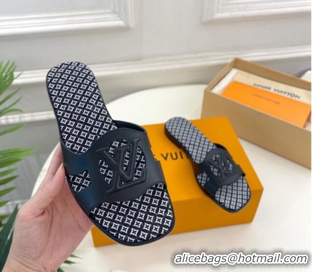 Duplicate Louis Vuitton Isola Flat Slide Sandals with LV Cutout and Geometric Pattern Black 625113