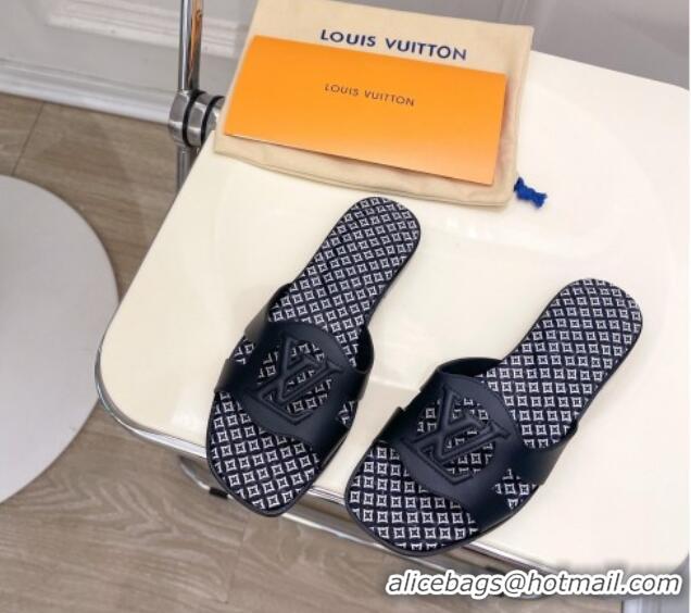 Duplicate Louis Vuitton Isola Flat Slide Sandals with LV Cutout and Geometric Pattern Black 625113