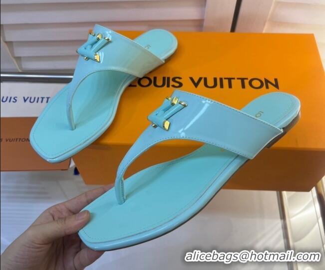 Top Design Louis Vuitton Shake Flat Thong Slide Sandals in Patent Leather Light Blue 625115