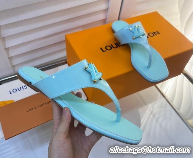 Top Design Louis Vuitton Shake Flat Thong Slide Sandals in Patent Leather Light Blue 625115