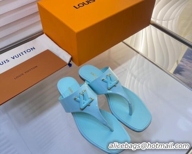 Top Design Louis Vuitton Shake Flat Thong Slide Sandals in Patent Leather Light Blue 625115