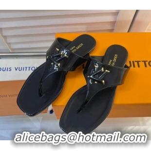 Lower Price Louis Vuitton Shake Flat Thong Slide Sandals in Patent Leather Black 625116