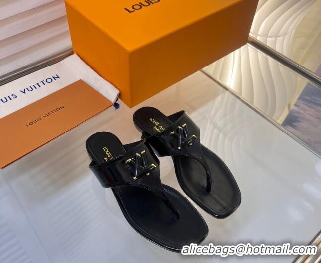 Lower Price Louis Vuitton Shake Flat Thong Slide Sandals in Patent Leather Black 625116