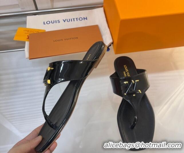 Lower Price Louis Vuitton Shake Flat Thong Slide Sandals in Patent Leather Black 625116