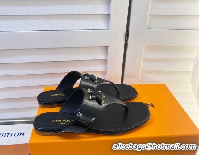 Lower Price Louis Vuitton Shake Flat Thong Slide Sandals in Patent Leather Black 625116