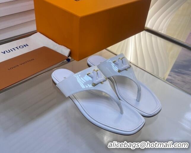 Discount Louis Vuitton Shake Flat Thong Slide Sandals in Patent Leather White 0625118