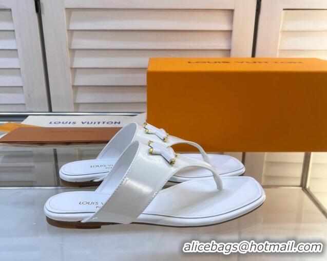 Discount Louis Vuitton Shake Flat Thong Slide Sandals in Patent Leather White 0625118