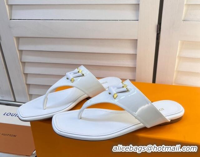 Discount Louis Vuitton Shake Flat Thong Slide Sandals in Patent Leather White 0625118