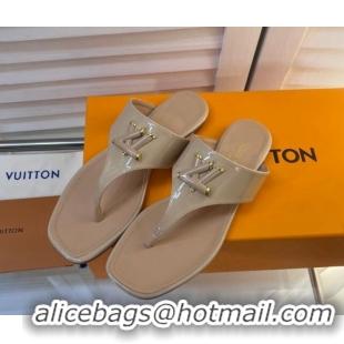 Classic Hot Louis Vuitton Shake Flat Thong Slide Sandals in Patent Leather Beige 625119