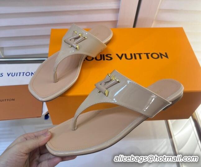 Classic Hot Louis Vuitton Shake Flat Thong Slide Sandals in Patent Leather Beige 625119