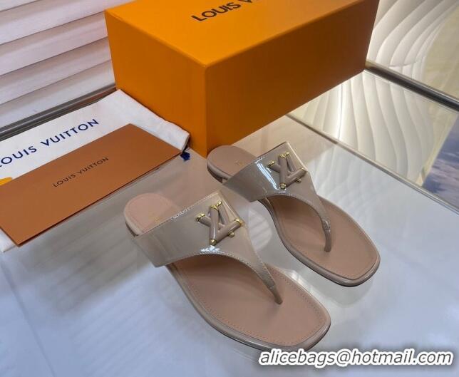 Classic Hot Louis Vuitton Shake Flat Thong Slide Sandals in Patent Leather Beige 625119