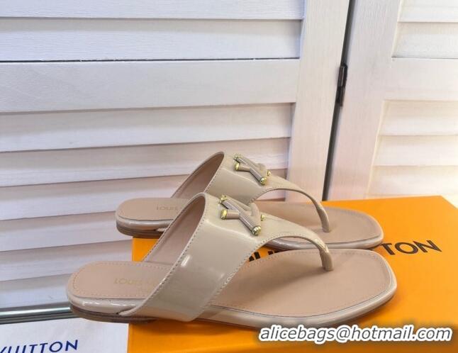 Classic Hot Louis Vuitton Shake Flat Thong Slide Sandals in Patent Leather Beige 625119